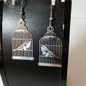 Silver Tone Bird In Cages Earrings